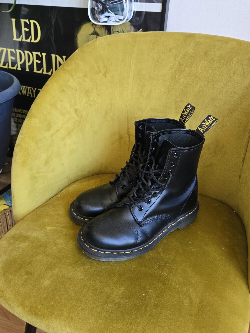 Dr. Martens 1460 Black Leather Lace-Up Boots with Yellow Stitching
